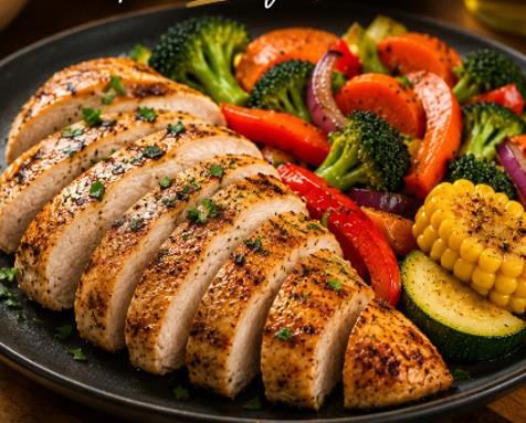 Pollo a la plancha con vegetales preparado en clase de cocina saludable